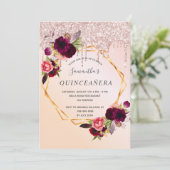 Quinceanera roos goud druipt florale bordeaux kaart (Staand voorkant)