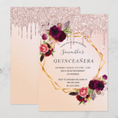 Quinceanera roos goud druipt florale bordeaux kaart (Voorkant / Achterkant)