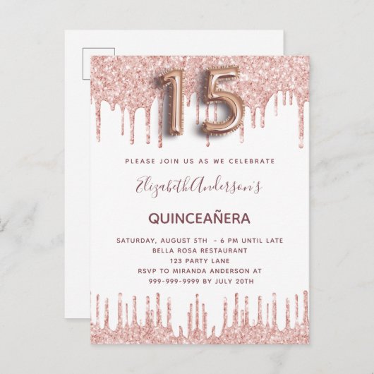Quinceanera roos goud druipt roze uitnodiging briefkaart (Voorkant / Achterkant)