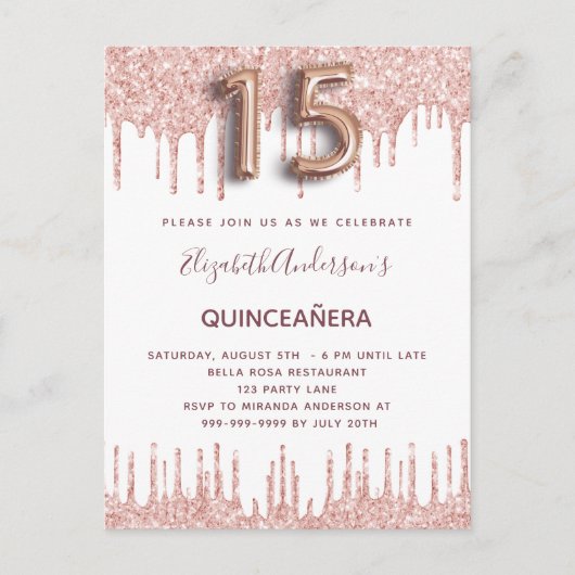 Quinceanera roos goud druipt roze uitnodiging briefkaart (Voorkant)