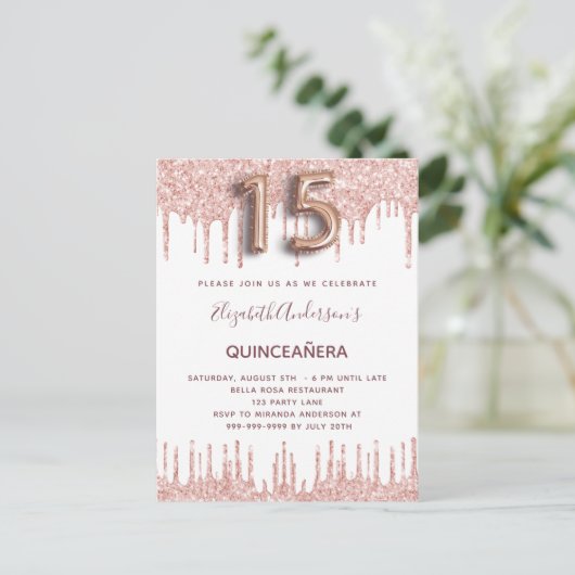 Quinceanera roos goud druipt roze uitnodiging briefkaart (Staand voorkant)