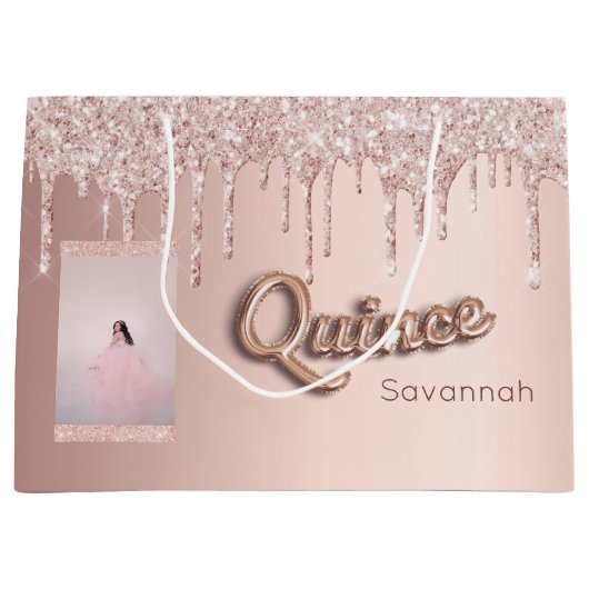 Quinceanera roos goud glitter aangepaste fotoroze groot cadeauzakje (Voorkant)