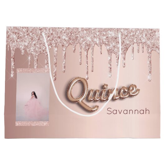 Quinceanera roos goud glitter aangepaste fotoroze groot cadeauzakje (Achterkant)