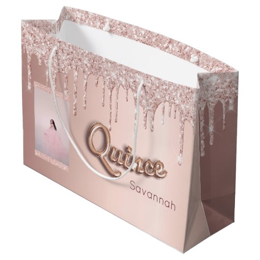 Quinceanera roos goud glitter aangepaste fotoroze groot cadeauzakje (Achterkant Gekanteld)