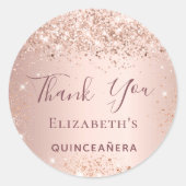 Quinceanera roos goud glitter stof bedankt ronde sticker (Voorkant)