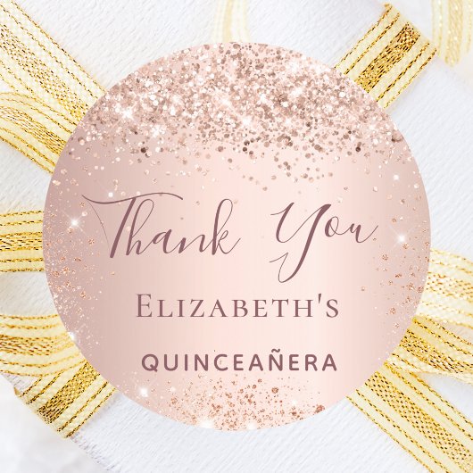 Quinceanera roos goud glitter stof bedankt ronde sticker