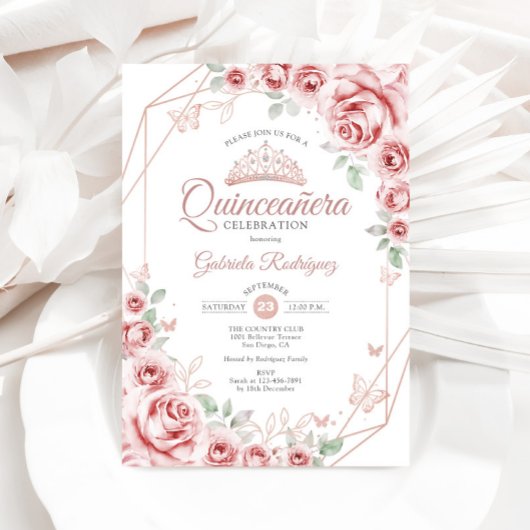 Quinceanera Roos Goud Roze Bloemen Kaart