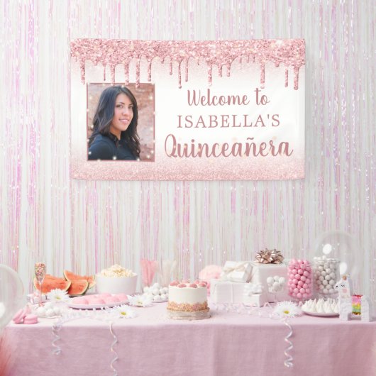 Quinceanera Roos Goud Roze Glitter Drip Foto Spandoek (Feest)