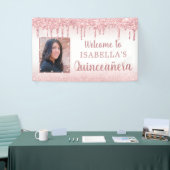 Quinceanera Roos Goud Roze Glitter Drip Foto Spandoek (Beurs)