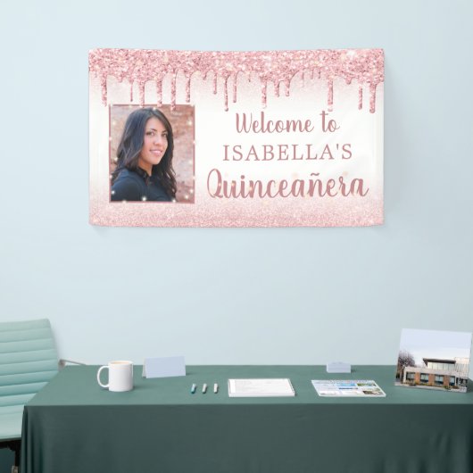 Quinceanera Roos Goud Roze Glitter Drip Foto Spandoek (Beurs)