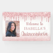 Quinceanera Roos Goud Roze Glitter Drip Foto Spandoek (Horizontaal)