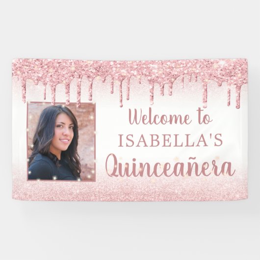 Quinceanera Roos Goud Roze Glitter Drip Foto Spandoek (Horizontaal)
