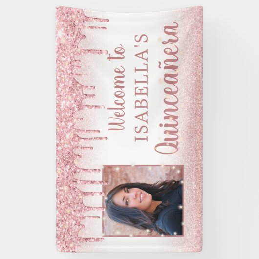 Quinceanera Roos Goud Roze Glitter Drip Foto Spandoek (Verticaal)