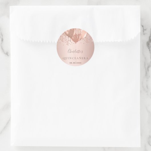 Quinceanera roos goudballonmonogram ronde sticker (Tas)