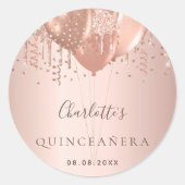 Quinceanera roos goudballonmonogram ronde sticker (Voorkant)