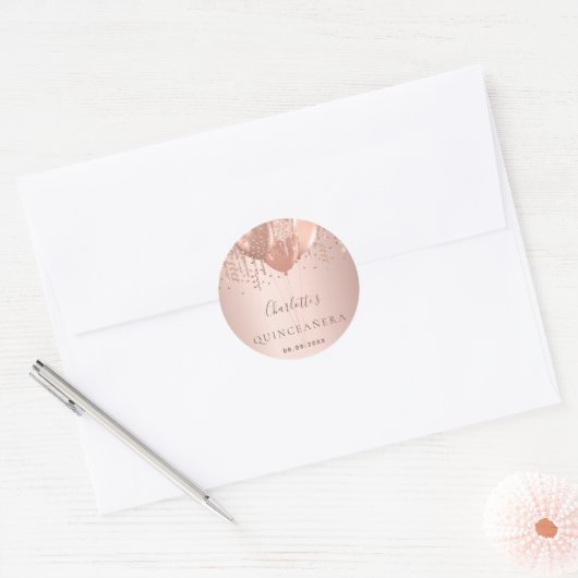 Quinceanera roos goudballonmonogram ronde sticker (Envelop)