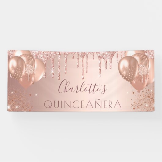 Quinceanera roos goudballonnen feest spandoek (Horizontaal)