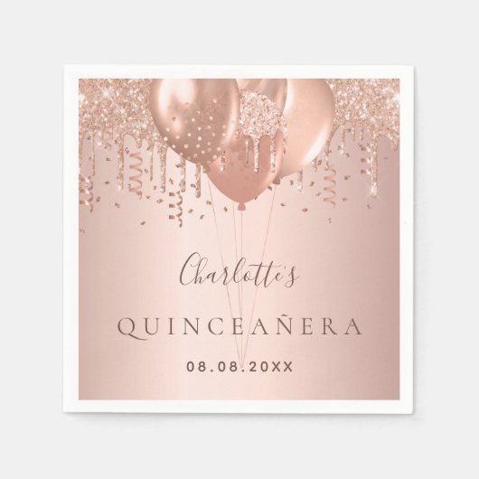 Quinceanera roos goudballonnen monogram servet (Voorkant)