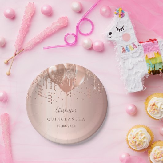 Quinceanera roos goudballonnen papieren bordje (Feest)