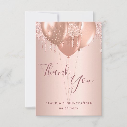 Quinceanera roos goudblush druppels ballonnen bedankkaart (Voorkant)