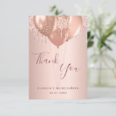 Quinceanera roos goudblush druppels ballonnen bedankkaart (Staand voorkant)