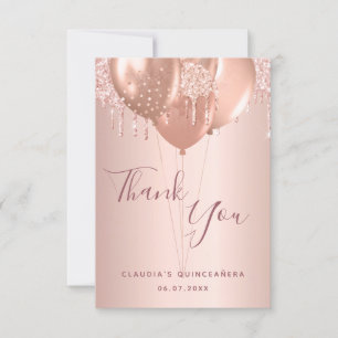 Quinceanera roos goudblush druppels ballonnen bedankkaart