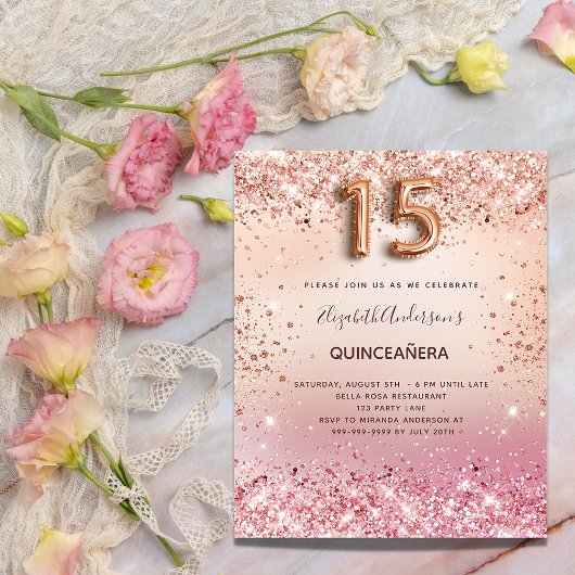 Quinceanera roos goudblush roze confetti uitnodiging briefkaart