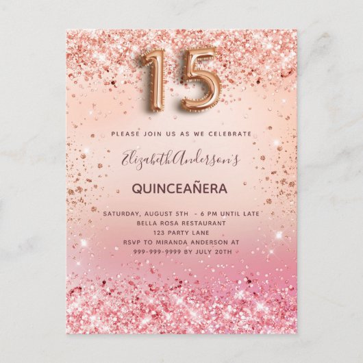 Quinceanera roos goudblush roze confetti uitnodiging briefkaart (Voorkant)