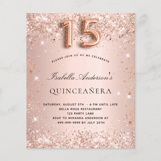 Quinceanera roos goudbruine glitter budget flyer (Voorkant)