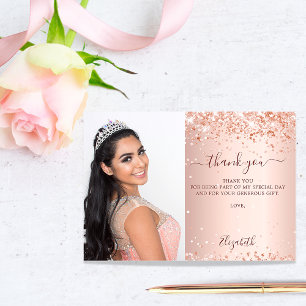 Quinceanera roos goudbruine glitter foto bedankkaart