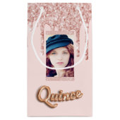 Quinceanera roos goudbruine glitter foto klein cadeauzakje (Achterkant)