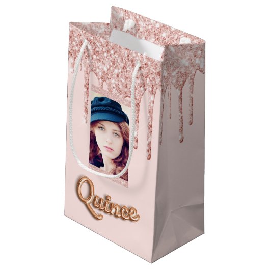 Quinceanera roos goudbruine glitter foto klein cadeauzakje (Achterkant Gekanteld)