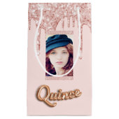 Quinceanera roos goudbruine glitter foto klein cadeauzakje (Voorkant)