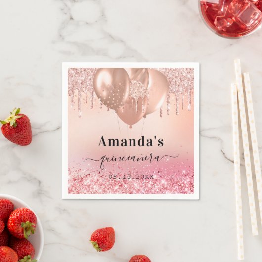 Quinceanera roos goudbruine glitter servet (Insitu)