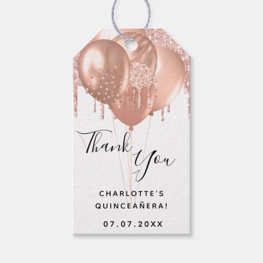 Quinceanera roos gouden ballon bedankt cadeaulabel (Voorkant)