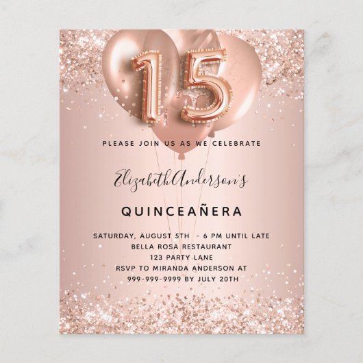 Quinceanera roos gouden ballonnen flyer (Voorkant)