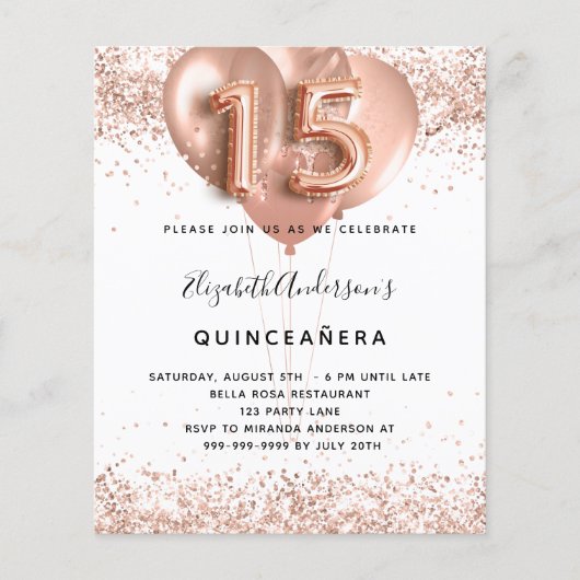 Quinceanera roos gouden ballonnen flyer (Voorkant)