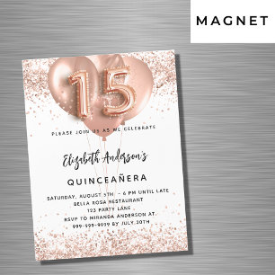 Quinceanera roos gouden ballonnen wit luxe magnetische uitnodiging
