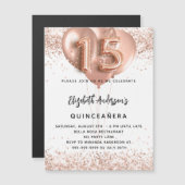Quinceanera roos gouden ballonnen wit luxe magnetische uitnodiging (Voorkant / Achterkant)