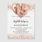 Quinceanera roos gouden ballonnen wit luxe magnetische uitnodiging (Voorkant)
