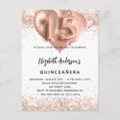 Quinceanera roos gouden ballonnen wit uitnodiging briefkaart (Voorkant)