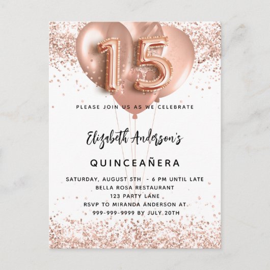Quinceanera roos gouden ballonnen wit uitnodiging briefkaart (Voorkant)