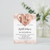 Quinceanera roos gouden ballonnen wit uitnodiging briefkaart (Staand voorkant)
