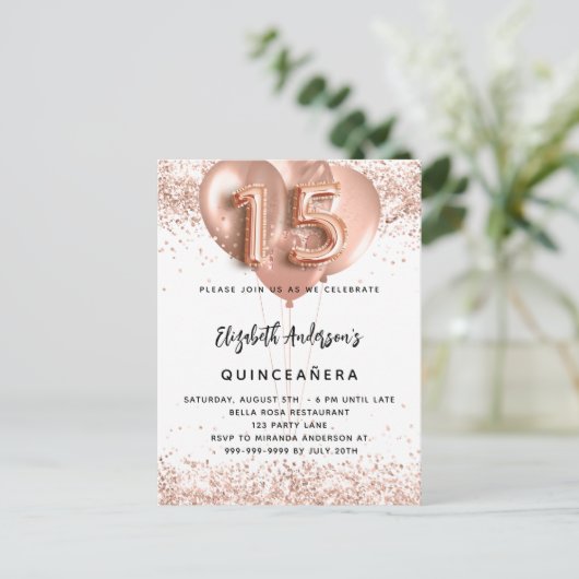 Quinceanera roos gouden ballonnen wit uitnodiging briefkaart (Staand voorkant)