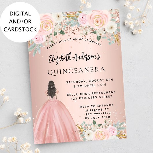 Quinceanera roos gouden bloemjurk kaart