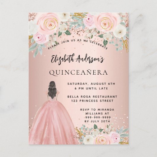 Quinceanera roos gouden bloemjurk uitnodiging briefkaart (Voorkant)