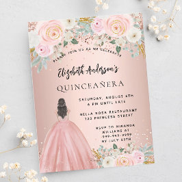 Quinceanera roos gouden bloemjurk uitnodiging briefkaart