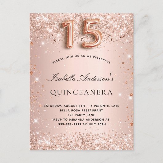 Quinceanera roos gouden blush glitter elegant uitnodiging briefkaart (Voorkant)