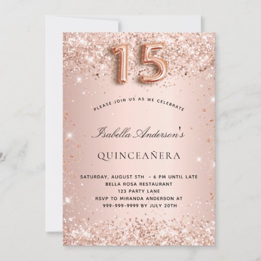 Quinceanera roos gouden blush glitter kaart (Voorkant)
