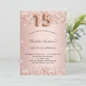 Quinceanera roos gouden blush glitterstof luxe kaart (Staand voorkant)